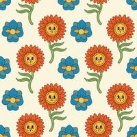 Groovy flowers seamless pattern. Retro 70s smiling face flowers graphic elements isolated. Hippie, peace, flower power simple linear style Groovy decorative vector illustration. Retro vintage flowers.