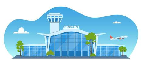 Airport building with flying airplane over tower. Airport terminal facade. Panorama exterior of architecture construction for trips and travels, tourists. Vector illustration.