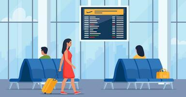 People in airport arrival waiting room or departure lounge with chairs and information panels. Terminal hall with big airport window. Vector illustration.