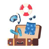 Open suitcase with summer beach elements. Summer colorful objects collection for outdoor trip vacation. Vector illustration.