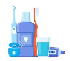 Dental cleaning tools. Oral care and hygiene products. Toothbrush, toothpaste, mouthwash, floss toothpick, dental floss, dental irrigator. Brushing teeth. Vector illustration.
