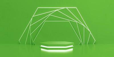 Hexagon podium with neon light with hexagonal rotated on green environmentally sustainable background .Empty podium platform. photo