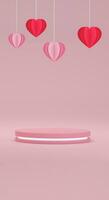 3D Paper cur Heart balloon floating with Neon podium on Pink background. Happy Valentine's Day. photo