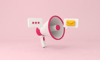 Megaphone icon and alarm mail on pink background. photo