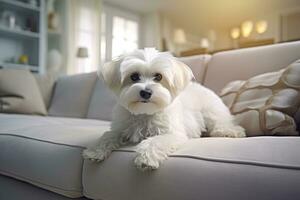 Elegant purebred Maltese dog seated on white couch in a contemporary, well-lit interior. Close up of a Pedigree cutie. Copy space. Cute puppy. For banners, advertisements, AI generated photo