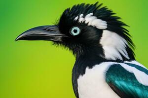 Magpie. Magpie head sideways close-up. On a yellow-green background. Black and white green plumage. Ornithology. Scientific research on birds. Scientific articles. Postcard, print, cover. AI generated photo