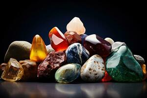 Collection of assorted gemstones in raw, uncut form, highlighting natural beauty of precious stones. Amber, amethyst, topaz, jasper, beryl, jade, opal, turquoise, carnelian, hematite. AI generated photo