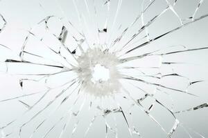 Abstract texture. Broken glass window with hole in the middle and cracks. Glass shards. On a white background. Bullet hole in the glass. With Copy Space. Textured Backdrop. AI generated photo