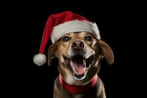 Cute cheerful purebred Golden retriever dog in a Christmas Santa Claus hat on a black background. New Year postcard, background with pet. Merry Christmas. AI generated photo