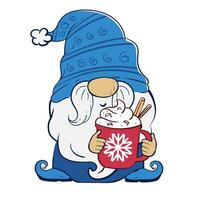 Christmas gnome holding a cup of hot chocolate with marshmallow whipped cream and cinnamon. Vector illustration of cartoon dwarf character