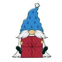 Cute gnome holding a big Christmas gift. Vector illustration of cartoon dwarf character