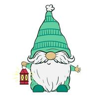 Christmas gnome holds an antique kerosene lamp. Vector illustration of cartoon dwarf character