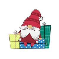 Cute gnome sitting on a pile of Christmas gifts. Vector illustration of cartoon dwarf character