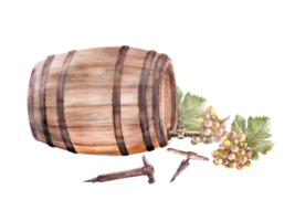 Wine barrel and winemaking accessories, corkscrew, taps, bunches of grapes, grapevine. Watercolor hand draw Illustration for your label winemaking print, menu, wine list. png