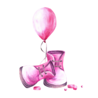 Pink air ballon with baby shoes, booties and purple peas Watercolor baby shower clipart, newborn, gender reveal or happy birthday party hand drawn illustrations png