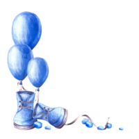 blu aria ballon con bambino scarpe, stivaletti e blu piselli. acquerello clipart. neonato bambino disegno, Genere svelare o contento compleanno festa, mano disegnato illustrazioni. png