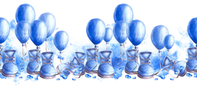 nahtlos Grenze, Muster mit Blau Luft Ballon, Blau Baby Schuhe, Booties und Blau Erbsen. Aquarell gemalt Illustration zum neugeboren, Geschlecht aufdecken, Geburtstag Party Design drucken png