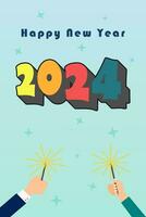 Happy new year 2024 with full color design template. Hand holding firework. Vertical design. vector