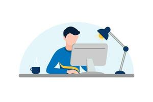 Faceless man working with desktop PC. Working at home vector flat style illustration.