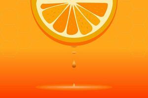 Drop of juice dripping from orange half on orange background with honeycomb pattern. Vector illustration.