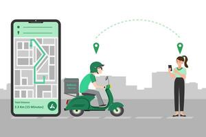 Fast delivery service by scooter on mobile. Online food order. E-commerce concept. vector