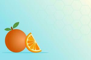 An orange fruit and orange slice on blue background with honeycomb pattern. Vector illustration.