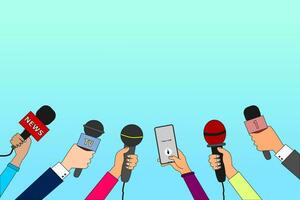 Journalist hands with microphones and smartphone. Reporters with mics take interview for news broadcast, press conference or newscast. Media vector concept.