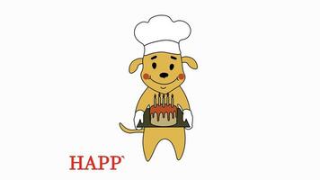 Video, animation, movement, cartoon dog baker prepares a cake with candles for the holiday and the appearance of the inscription Happy birthday video