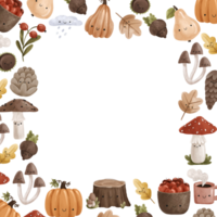 Autumn forest. Square border template with mushrooms, acorns, pumpkins. Harvest template png