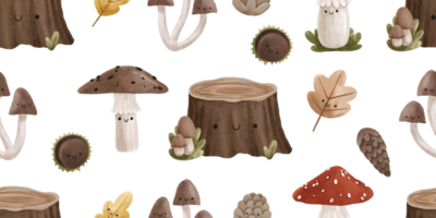 Seamless pattern with forest wooden stump. Different fairy mushrooms, amanita, champignon and cones. Endless childish funny background png