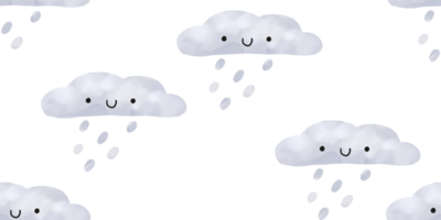 Seamless childish pattern with white rainy clouds. Cute funny weather background png