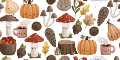 Harvest seamless pattern with fly agaric, acorns,  mushrooms and plants, pumpkins, cones. Natural trendy print. Cute forest seamless  pattern. png