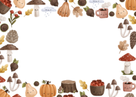 Horizontal autumn template with forest mushrooms, berries and stumps. Harvest png