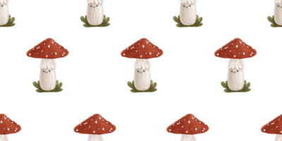 Seamless pattern with cute amanita mushrooms. Red  fly agaric mushroom. Forest botanical endless background. Design for fabric, print, wrapper, textile png