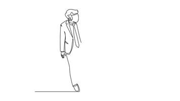 Animated self drawing of continuous line draw two active business colleagues discussing about plan doing project together while walking. Business collaboration concept. Full length one line animation video