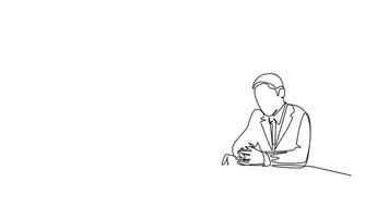 Animated self drawing of continuous line draw of young business man and business woman discussing project learning data graph on laptop screen. Business meeting concept. Full length one line animation video