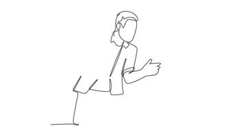 Animated self drawing of continuous line draw two smart young male and female workers watching stock movements on laptop together at the office. Stockbroker concept. Full length single line animation video