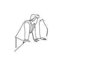 Animated self drawing of continuous line draw of three young workers talking seriously about company policy around the table. Office employee life discussion concept. Full length single line animation video