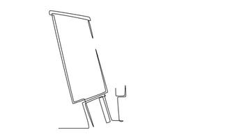 animato se stesso disegno di continuo linea disegnare di giovane maschio Amministratore delegato spiegando attività commerciale processi per il suo compagno con Infografica su Flip grafico. avviare opera incontro concetto. pieno lunghezza uno linea animazione video