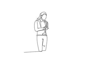 Animated self drawing of continuous line draw young happy male and female workers talking about company project together while opening document file. Business meeting. Full length one line animation video