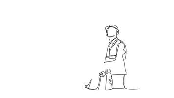 Animated self drawing of continuous line draw of young architect holding blueprint and discussing building construction with foreman. Designer and architecture concept. Full length one line animation video