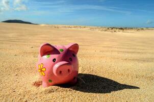 pink piggy bank in the sand photo