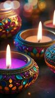 ai generatief, diwali kaarsen zijn lit in kleurrijk glas kommen video