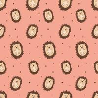 Print for children's clothing. Seamless pattern with cute cartoon hedgehogs on a pastel orange background. Vector illustration