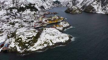 nusfjord dorp huizen, fjord en bergen in winter. lofoten eilanden, Noorwegen. antenne visie. dar vliegt naar voren, kantelen omhoog. onthullen schot video