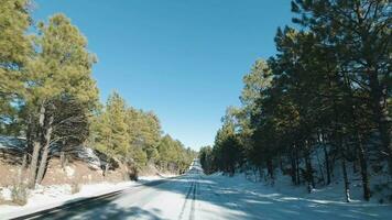 Car Driving on Highway in Winter on Sunny Day. Icy Snowy Road and Green Coniferous Forest. Grand Canyon National Park. Arizona, USA video