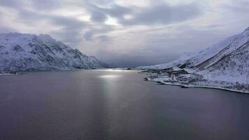 laupstadosen fiordo e montagne nel inverno. lofoten isole, Norvegia. aereo Visualizza. fuco mosche indietro e verso l'alto video