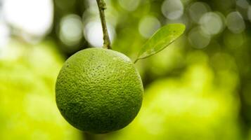 Close up of an isolated unripe orange hanging on an orange tree. photo