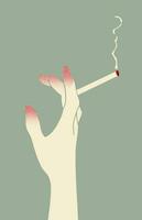 Woman s hand holding a cigarette retro style illustration. Nicotine addiction concept banner. Modern vector flat icon with texture for web and print.