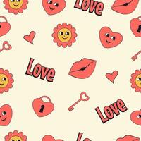 Valentine's Day seamless pattern with groovy style elements. vector